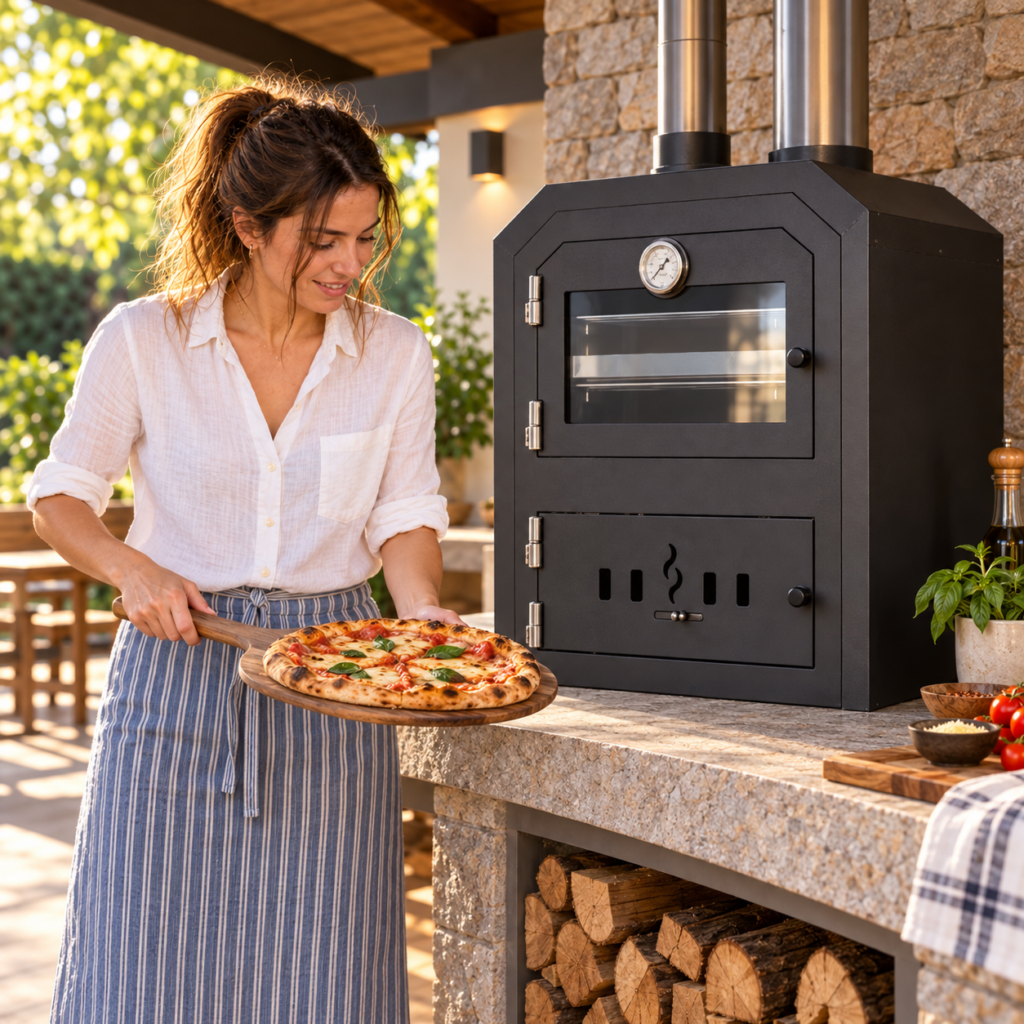 Mujer con una pizza recién horneada junto al horno a leña Ñuke de calor envolvente.