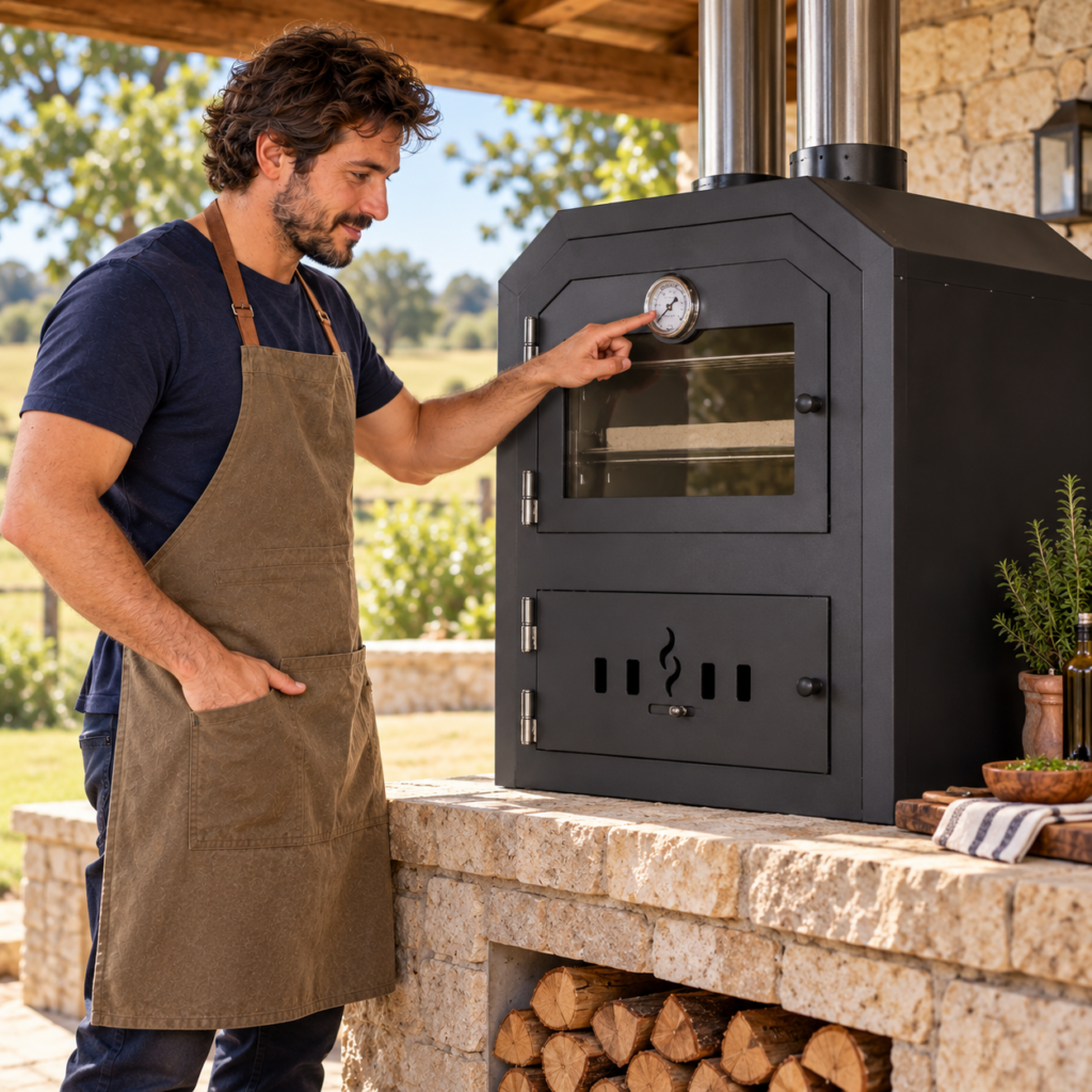 Hombre comprobando el termómetro del horno a leña Ñuke para mesada.