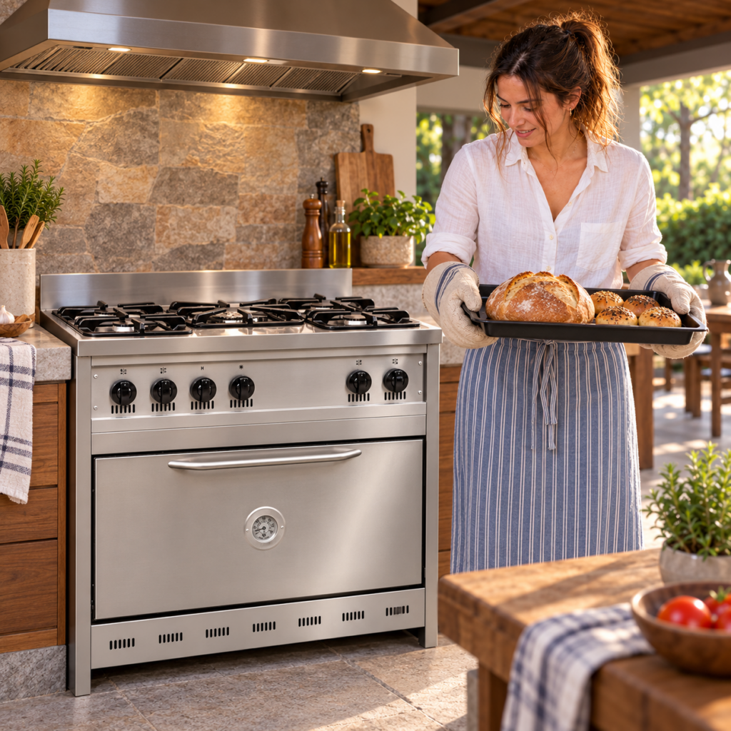 Mujer con pan recién horneado junto a la cocina semiindustrial de 90 cm.