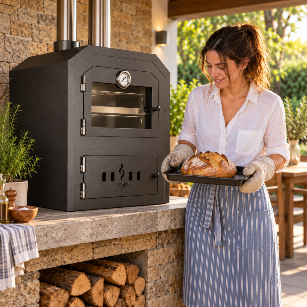 Mujer con pan recién horneado junto al horno a leña Ñuke de 60 cm.