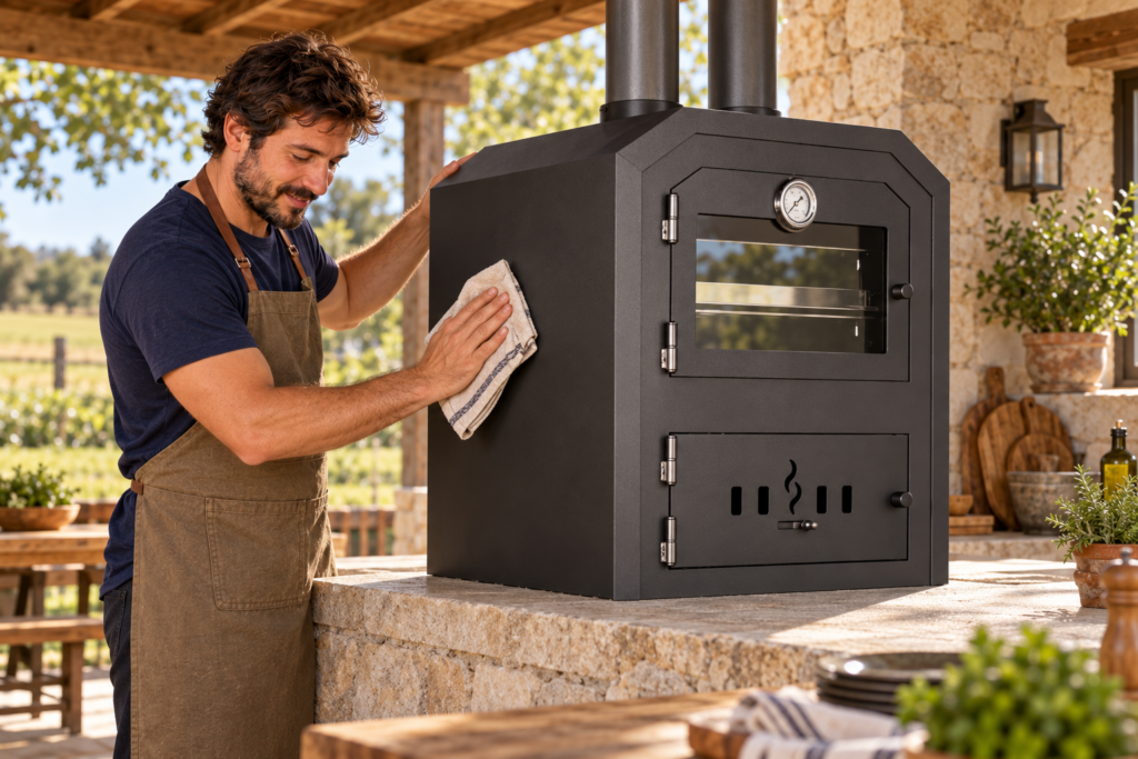 Hombre limpiando el exterior del horno a leña Ñuke completamente frío.