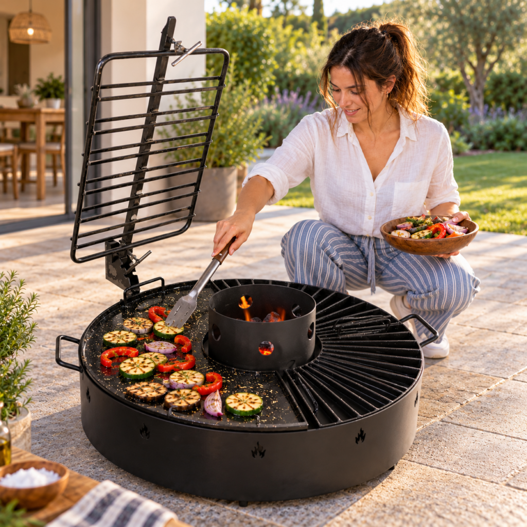 Mujer cocinando verduras sobre la plancha del asador fogonero circular.