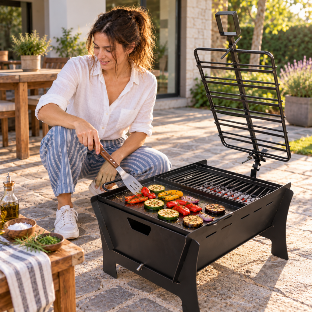 Mujer cocinando verduras en la plancha del asador fogonero desmontable.