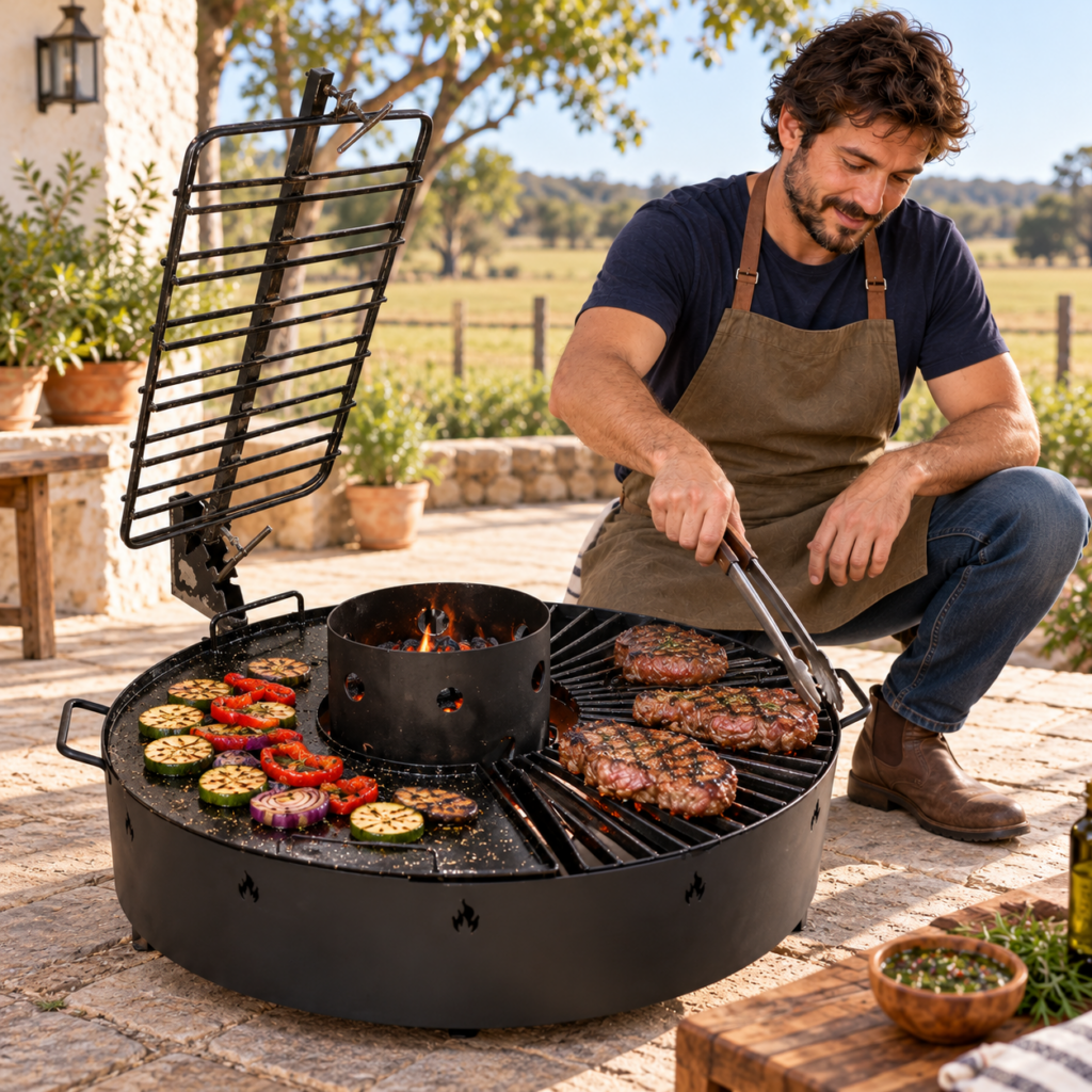 Hombre asando carne en la parrilla radial del fogonero circular.