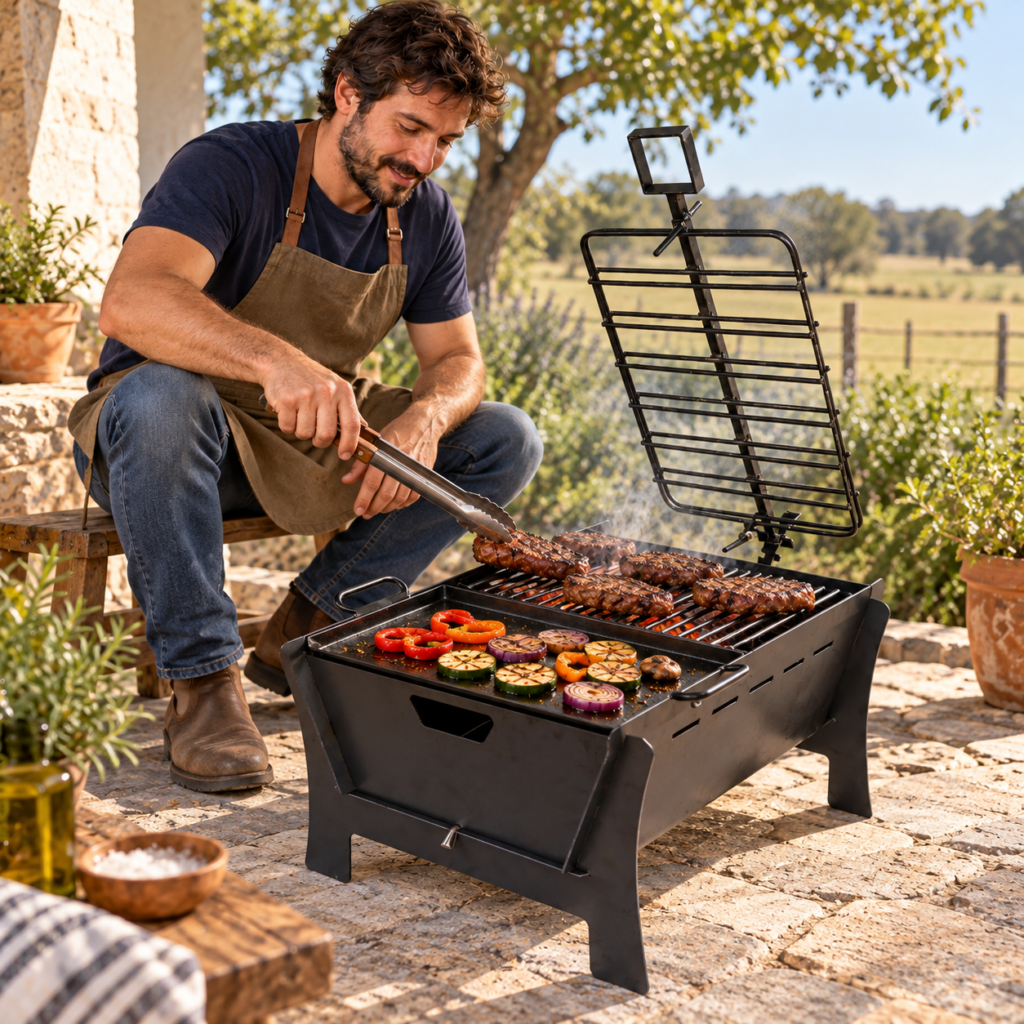 Hombre preparando carne en la parrilla del asador desmontable.