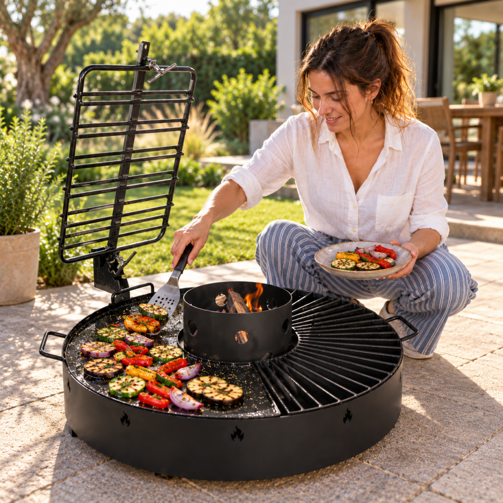 Mujer sirviendo verduras desde la plancha del asador circular.