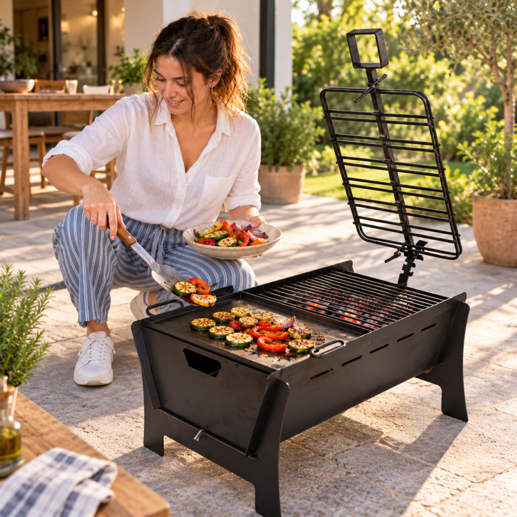 Mujer sirviendo verduras desde la plancha del fogonero desmontable.
