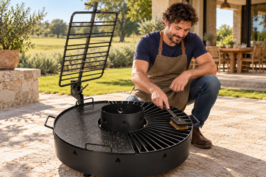 Hombre cepillando la parrilla fría del asador fogonero circular.