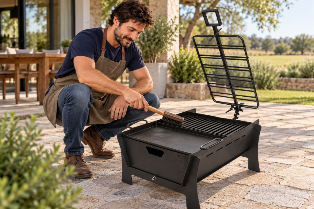 Hombre cepillando la parrilla fría del asador desmontable.