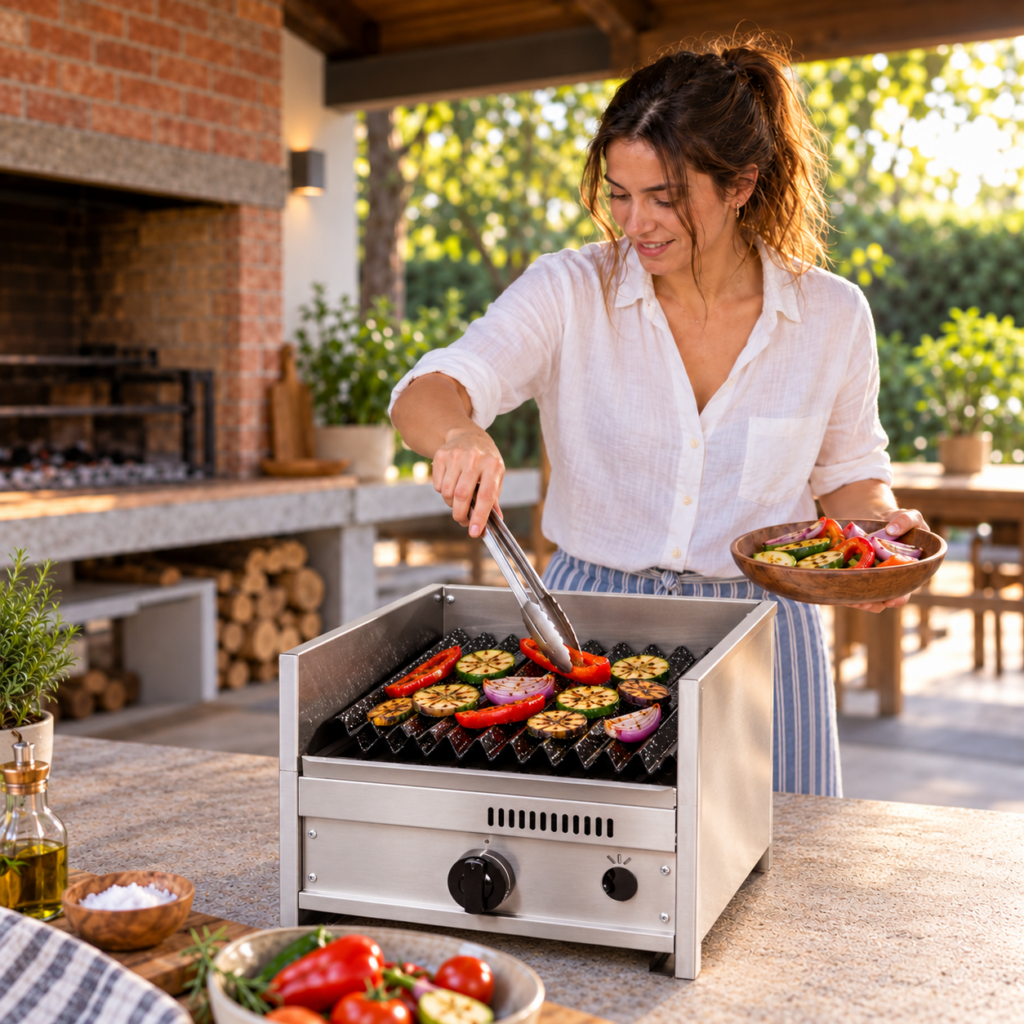 Mujer asando verduras en la parrilla a gas de 35 cm.