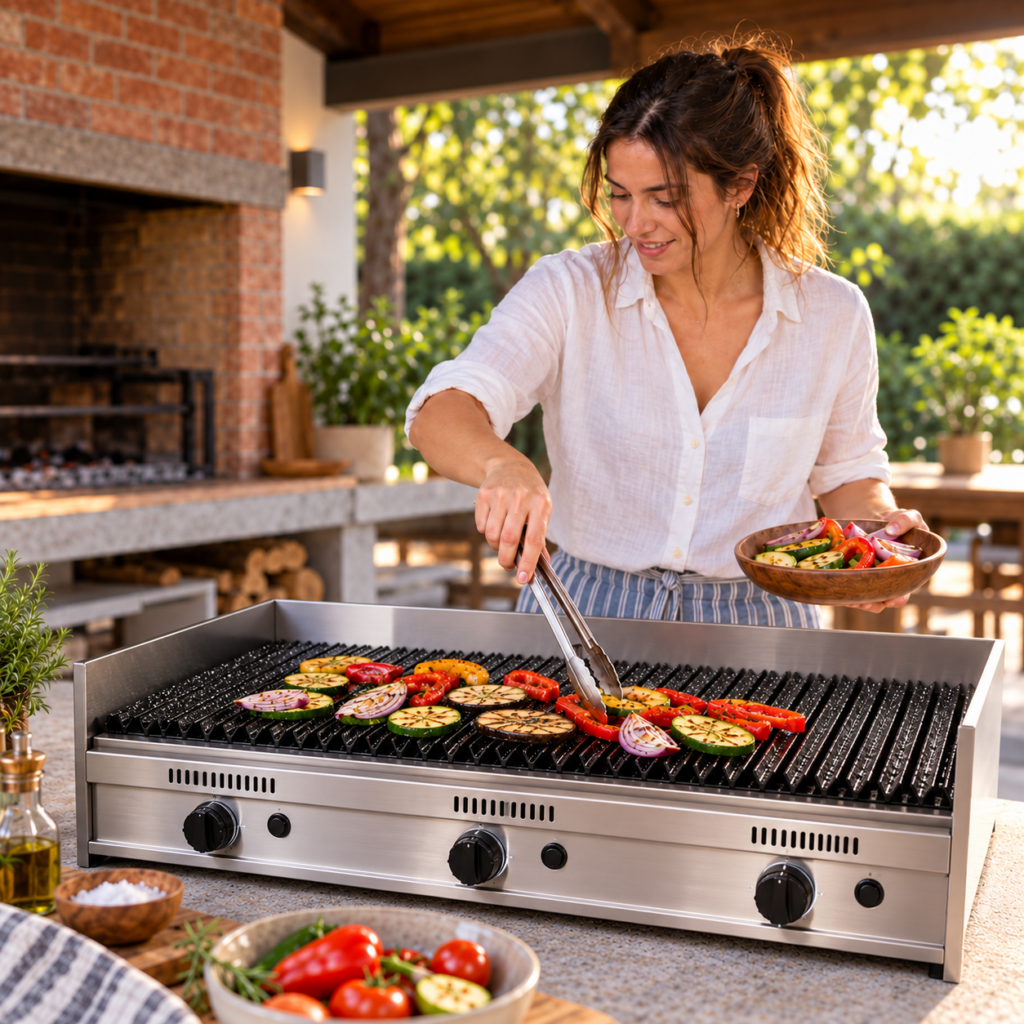 Mujer asando vegetales en la parrilla a gas de 90 cm.