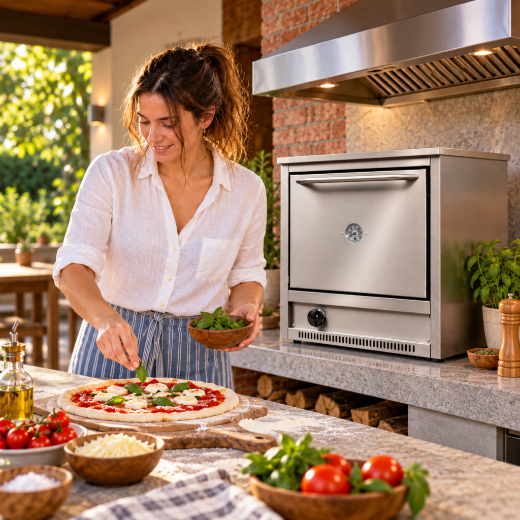 Mujer preparando una pizza junto al horno semiindustrial inoxidable para mesada.