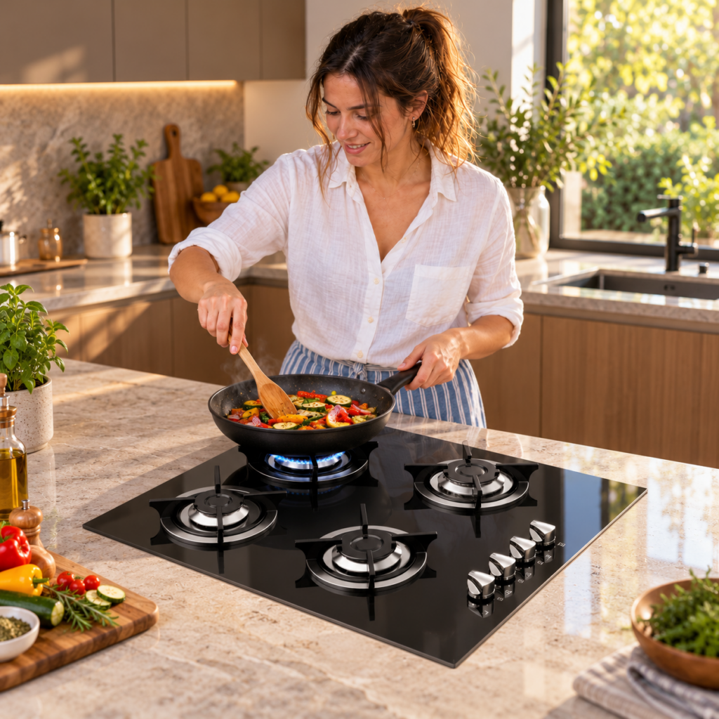 Mujer cocinando verduras en el anafe SPEZIA negro de cuatro hornallas.