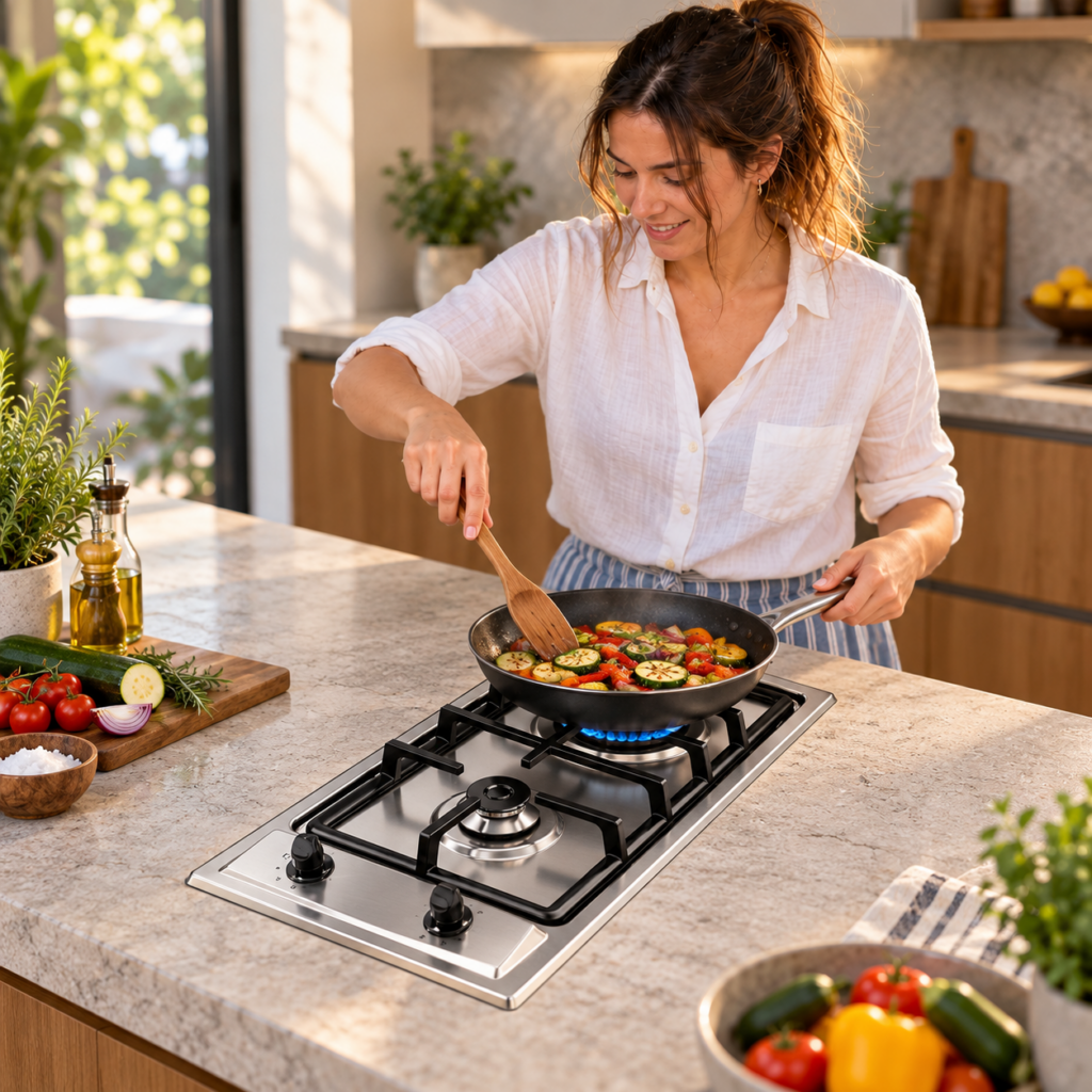 Mujer cocinando verduras en el anafe inoxidable SULETA de dos hornallas.