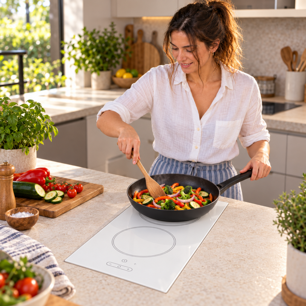 Mujer cocinando verduras en un anafe vitrocerámico blanco de dos hornallas.