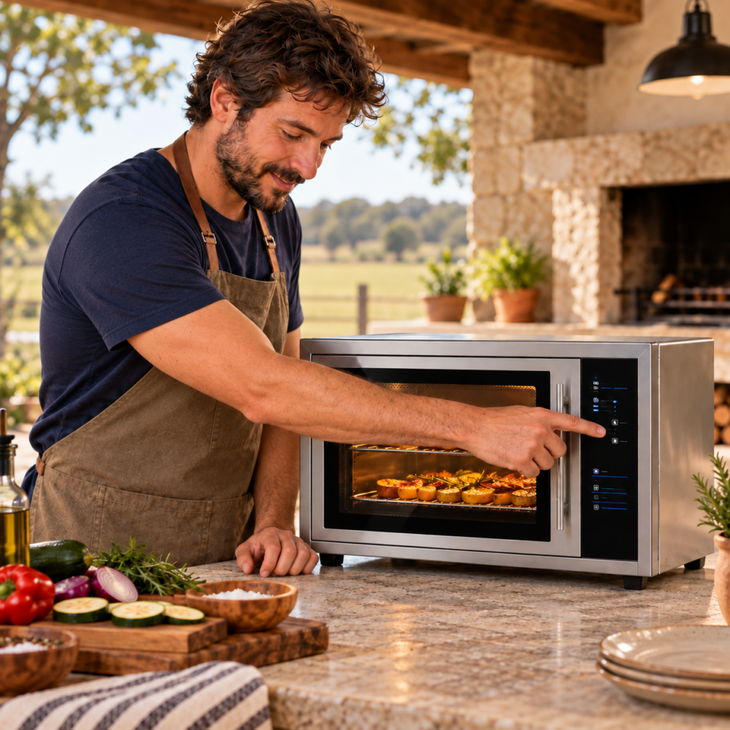 Hombre ajustando el panel táctil del horno eléctrico TST ATTIVO.