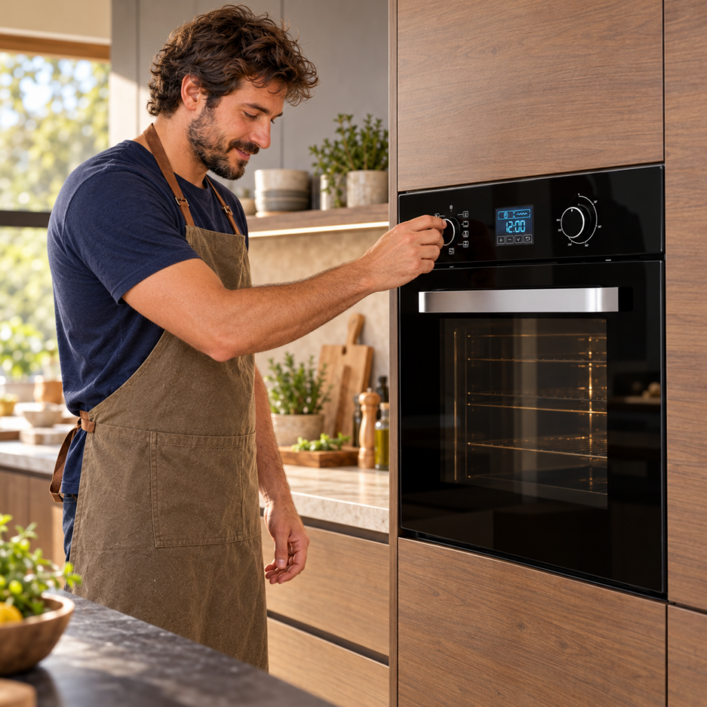 Hombre ajustando una perilla del horno eléctrico empotrable TST AVVOLTO.