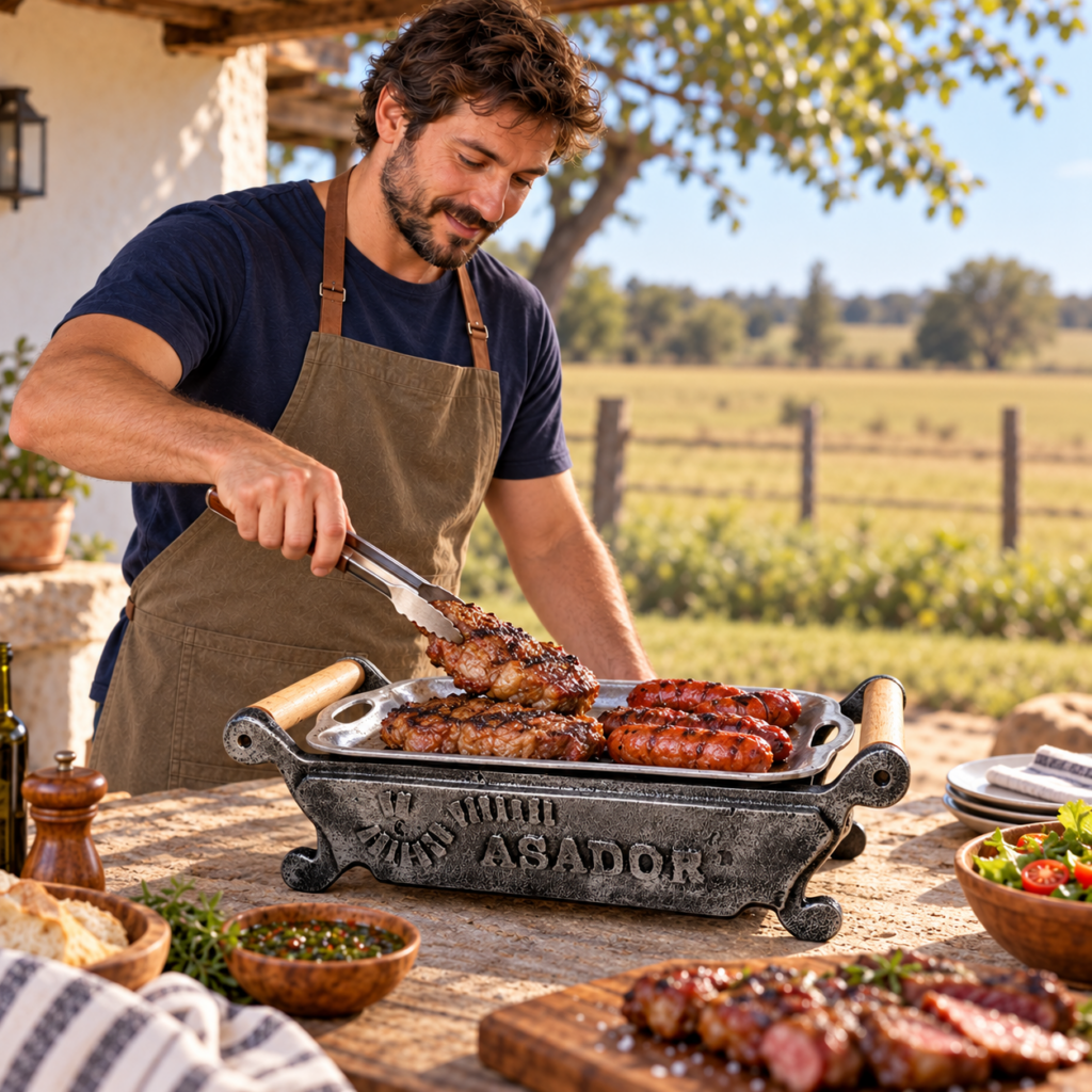 Hombre colocando carne cocida sobre la bandeja del brasero de mesa.