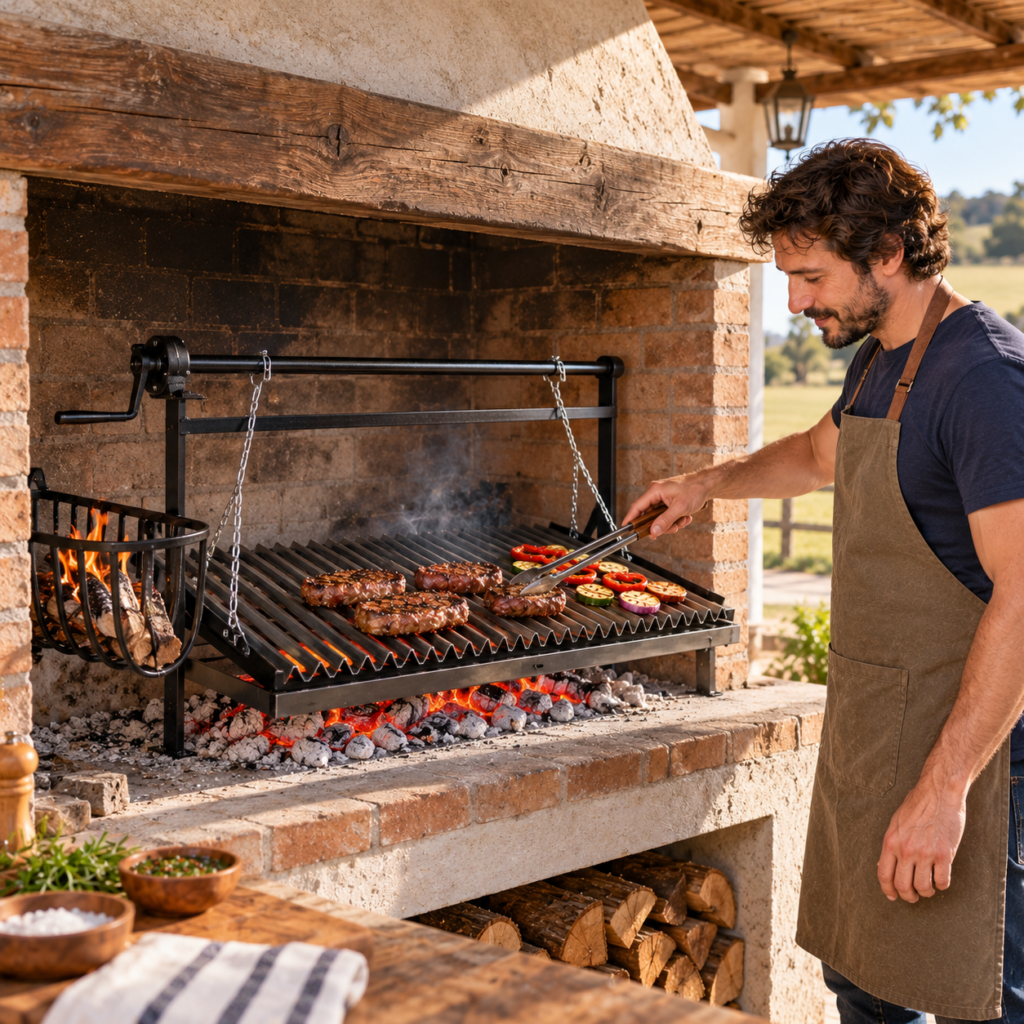 Hombre preparando asado en el kit de parrilla con fogonero.