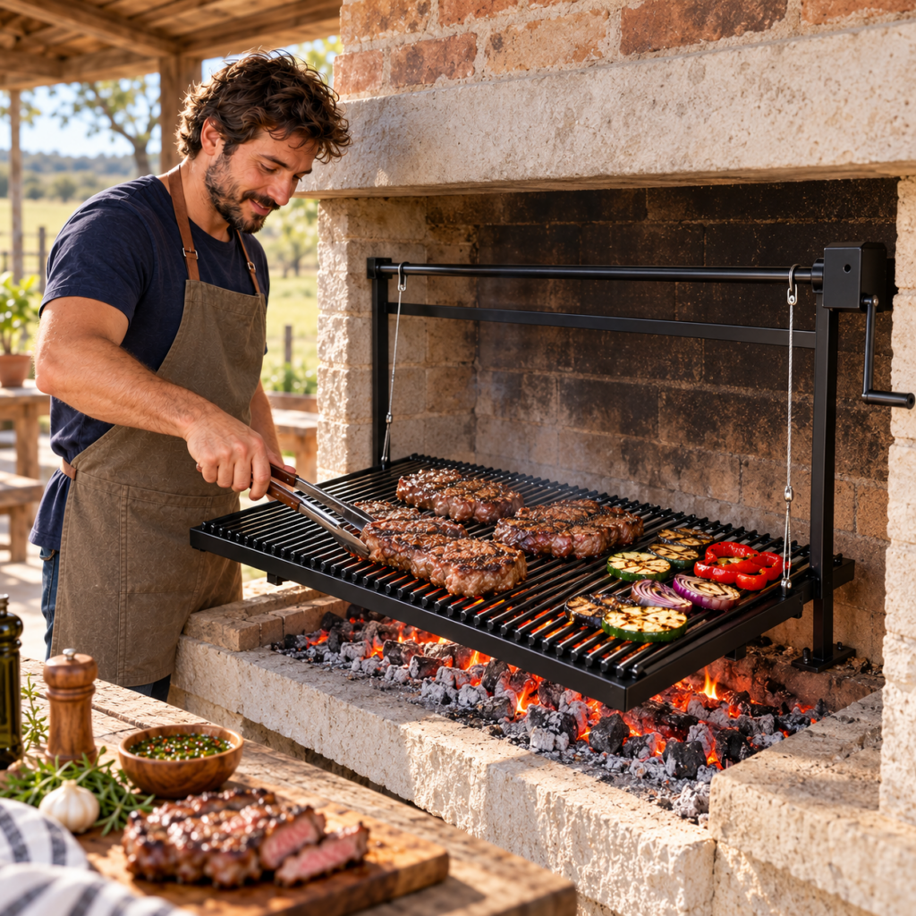 Hombre asando carne sobre el emparrillado de hierro redondo enlosado.