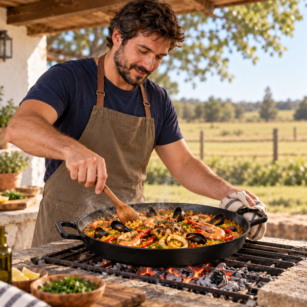Hombre cocinando paella con mariscos sobre brasas en un quincho.