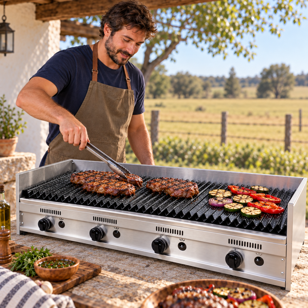 Hombre asando carne en la parrilla a gas de 120 cm.