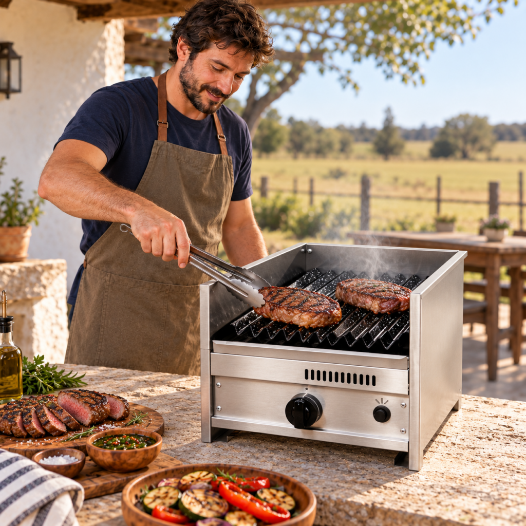 Hombre preparando carne en la parrilla a gas de 35 cm.