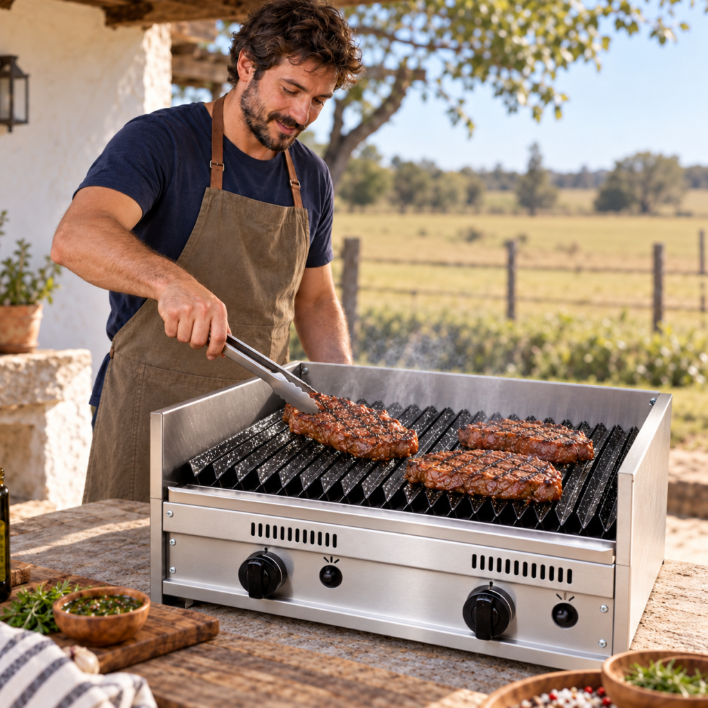 Hombre asando carne en la parrilla a gas de 60 cm.
