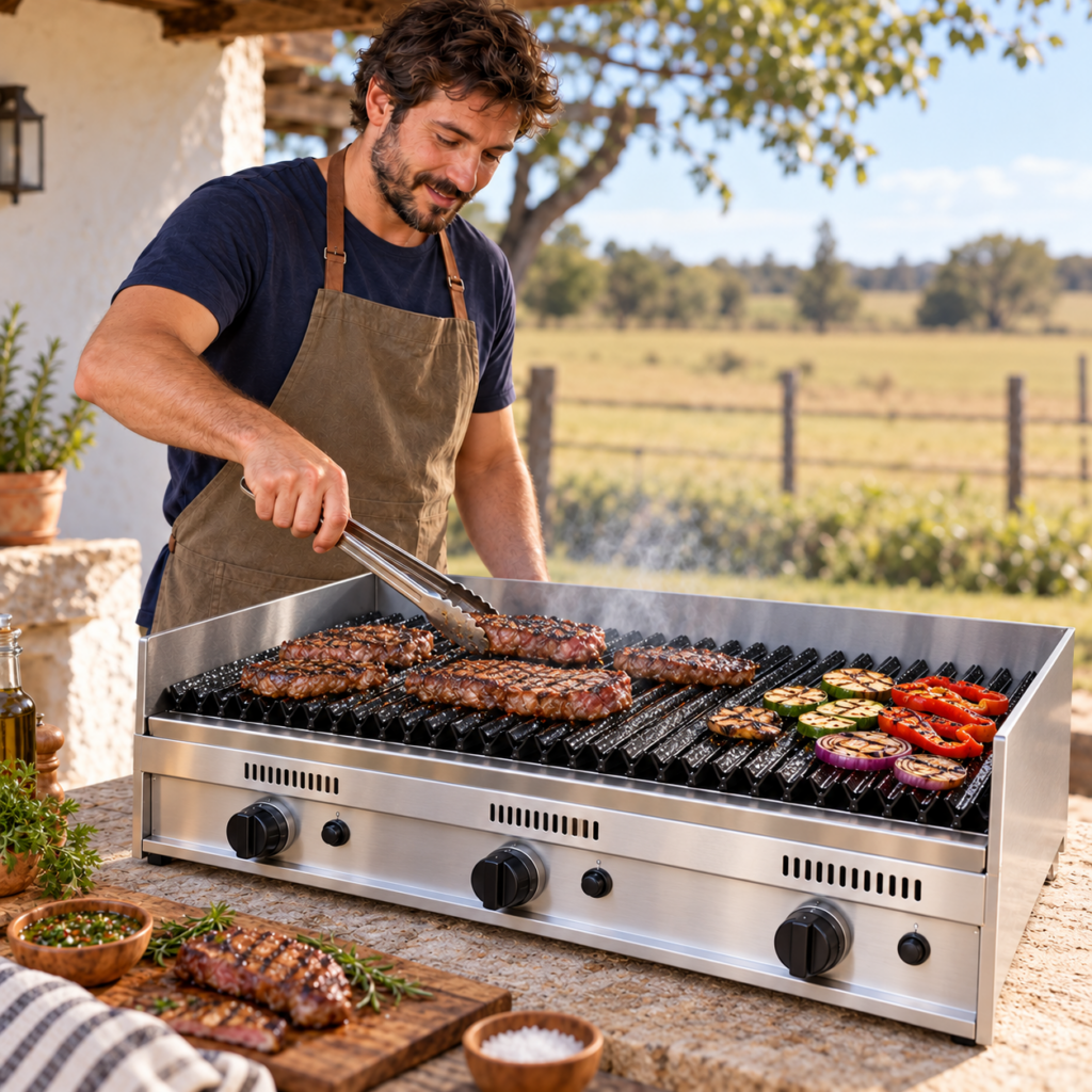Hombre preparando carne en la parrilla a gas de 90 cm.
