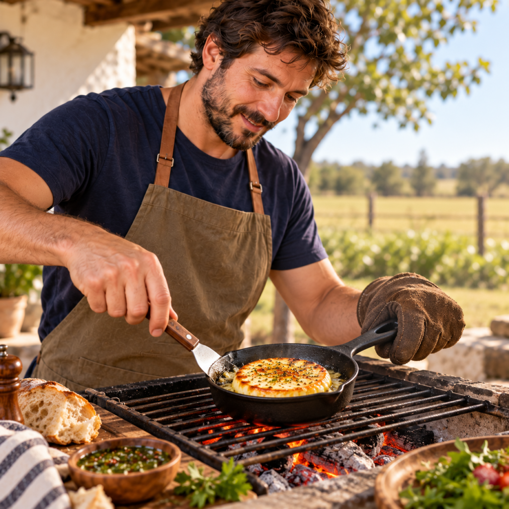 Hombre preparando provoleta sobre brasas con la provoletera de hierro.