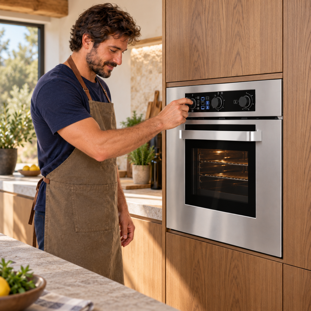 Hombre ajustando las perillas del horno empotrable TST RAPHAY VIII.