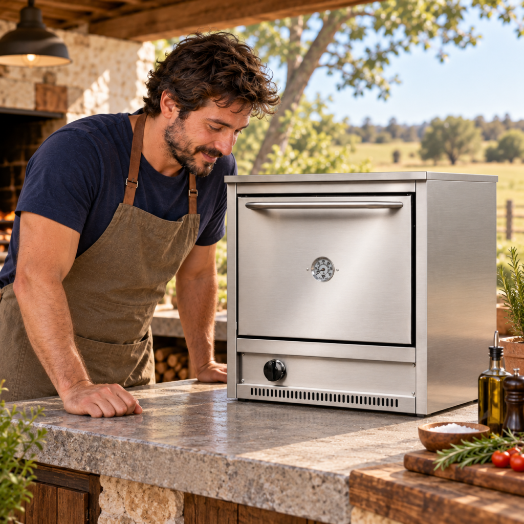 Hombre comprobando el pirómetro del horno semiindustrial inoxidable para mesada.