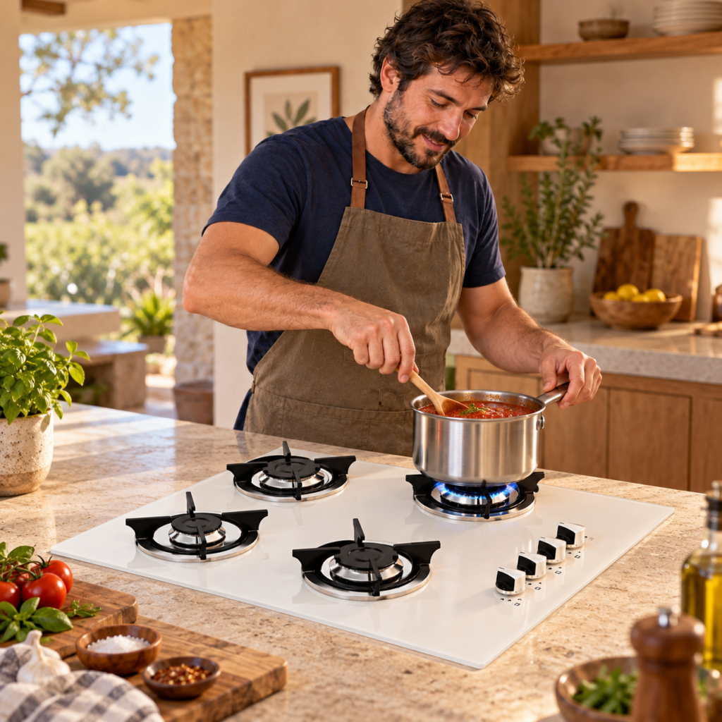 Hombre preparando salsa en el anafe SPEZIA blanco de cuatro hornallas.