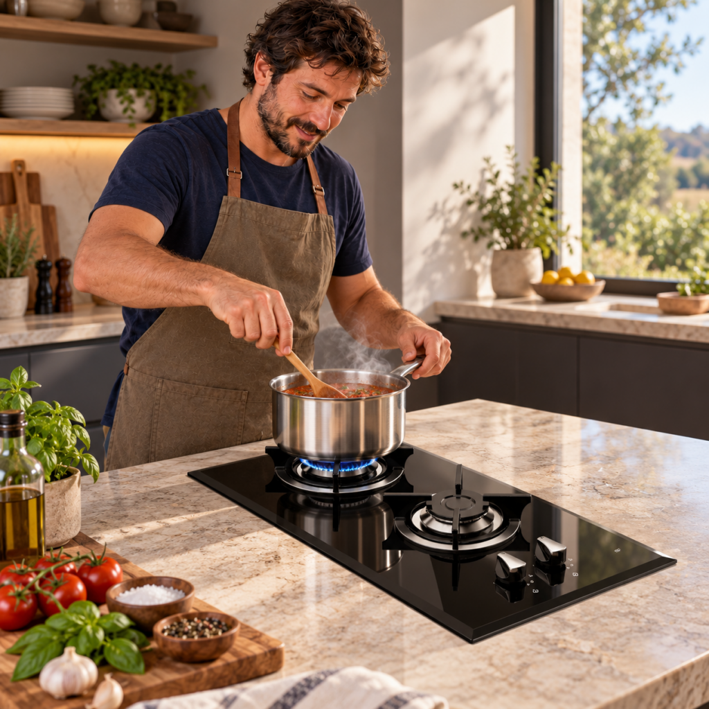 Hombre preparando salsa en el anafe SPEZIA negro de dos hornallas.