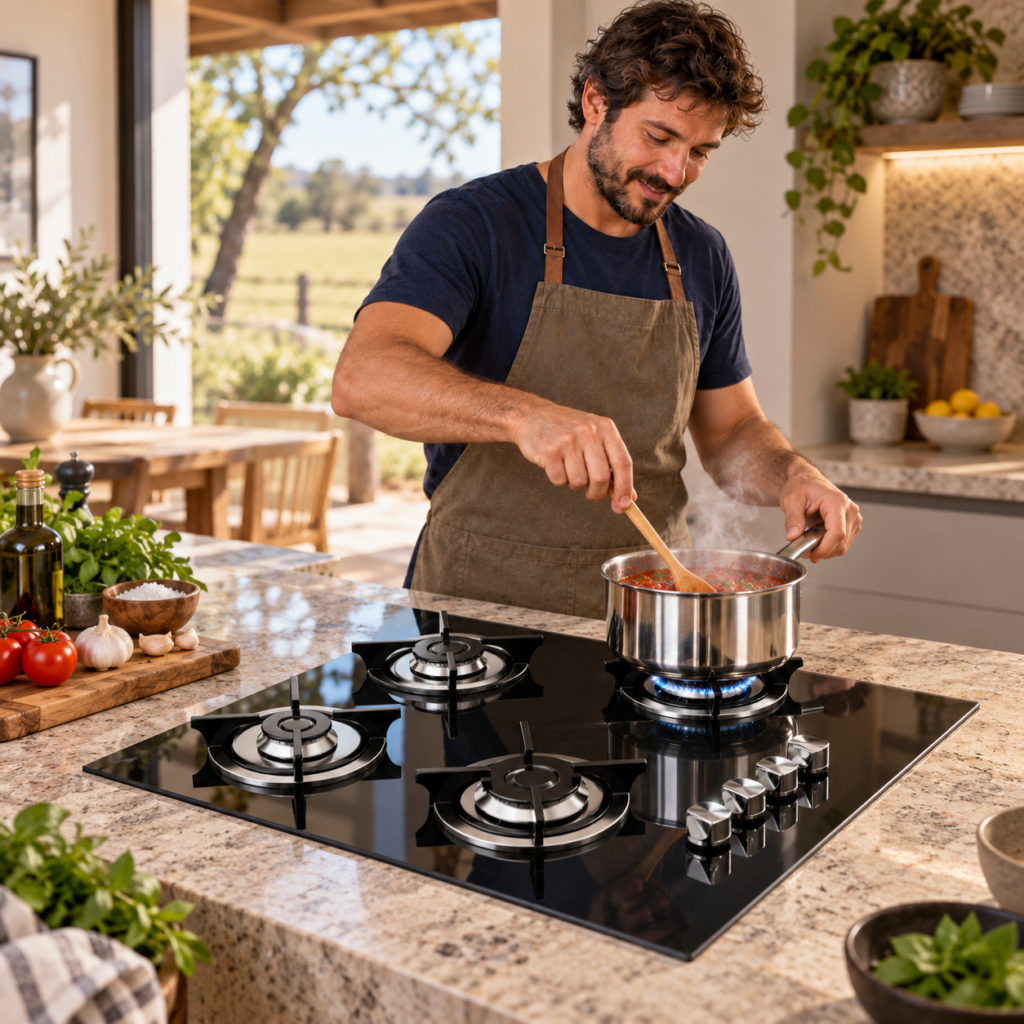 Hombre preparando salsa en el anafe SPEZIA negro de cuatro hornallas.