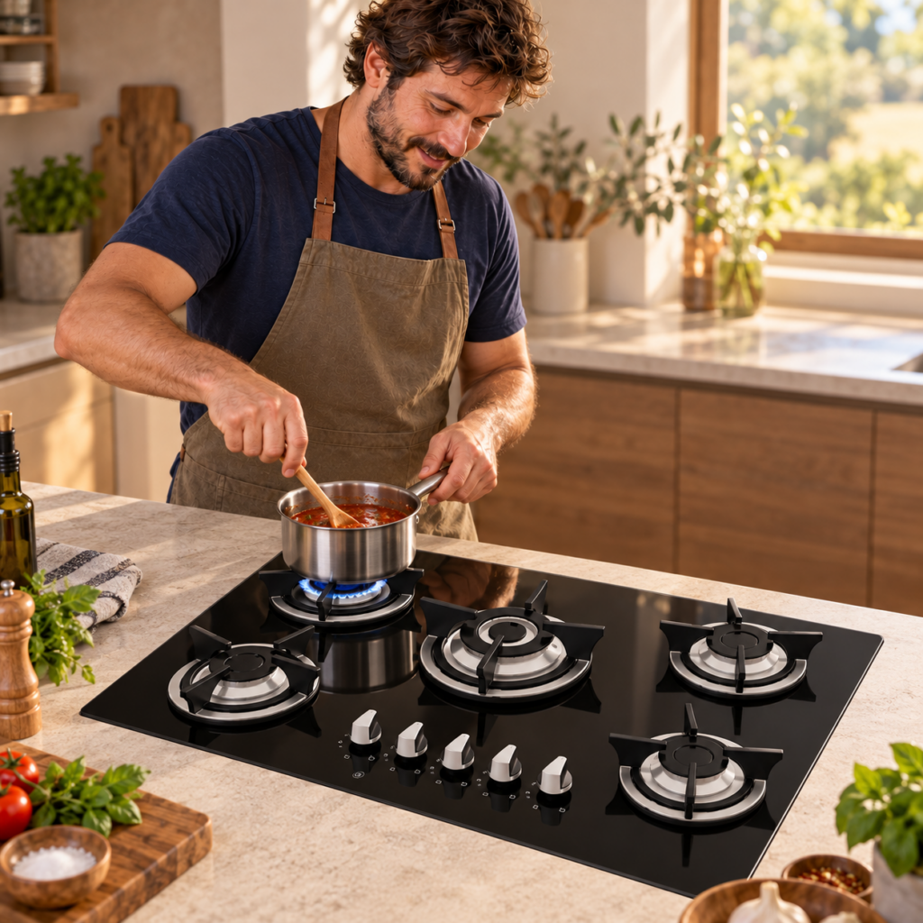 Hombre preparando salsa en el anafe SPEZIA negro de cinco hornallas.