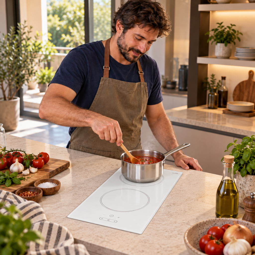 Hombre preparando salsa en el anafe vitrocerámico blanco de dos hornallas.
