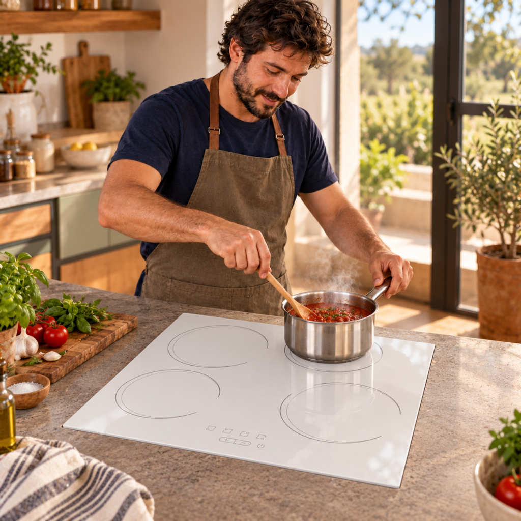 Hombre preparando salsa en un anafe vitrocerámico blanco de cuatro hornallas.