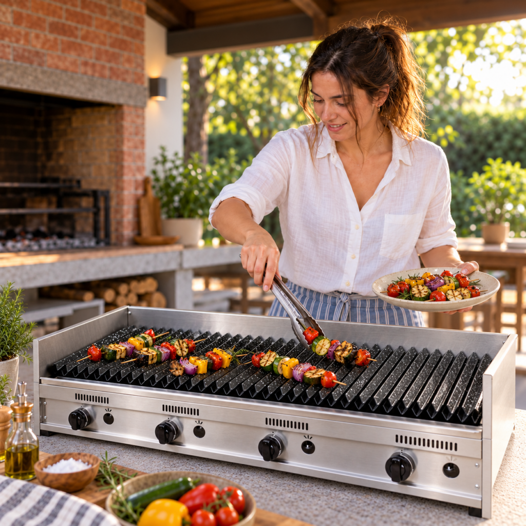 Mujer sirviendo brochettes desde la parrilla a gas de 120 cm.