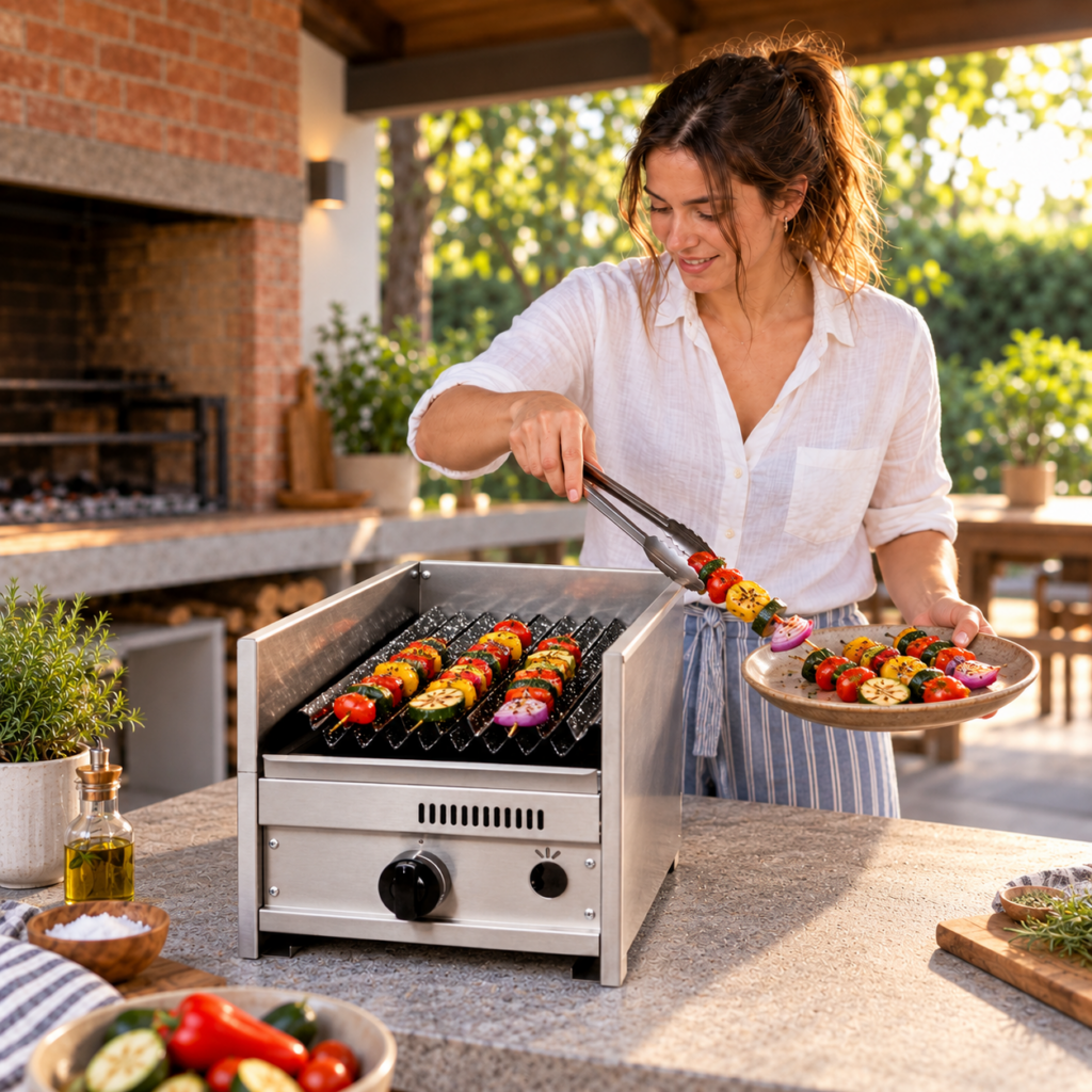 Mujer sirviendo brochettes de verduras desde la parrilla compacta a gas.
