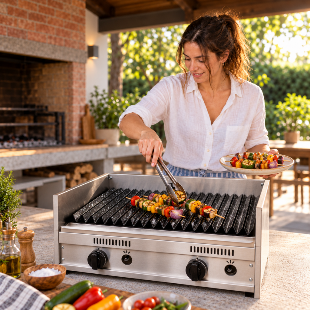 Mujer sirviendo brochettes desde la parrilla a gas de 60 cm.