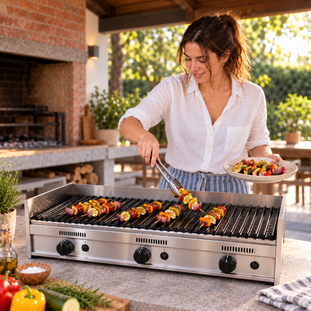 Mujer sirviendo brochettes desde la parrilla a gas de 90 cm.