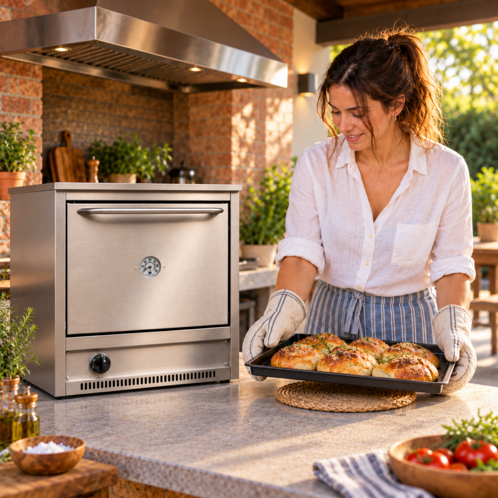 Mujer apoyando pan recién horneado junto al horno semiindustrial inoxidable.