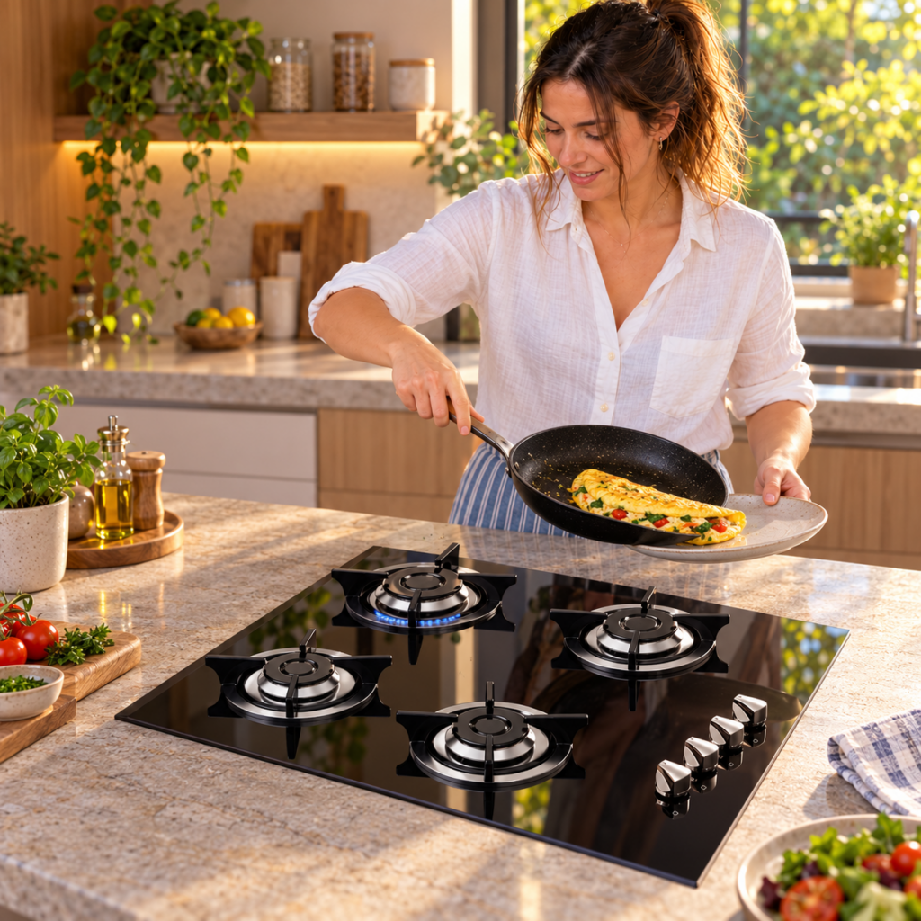 Mujer sirviendo un omelet junto al anafe SPEZIA negro de cuatro hornallas.