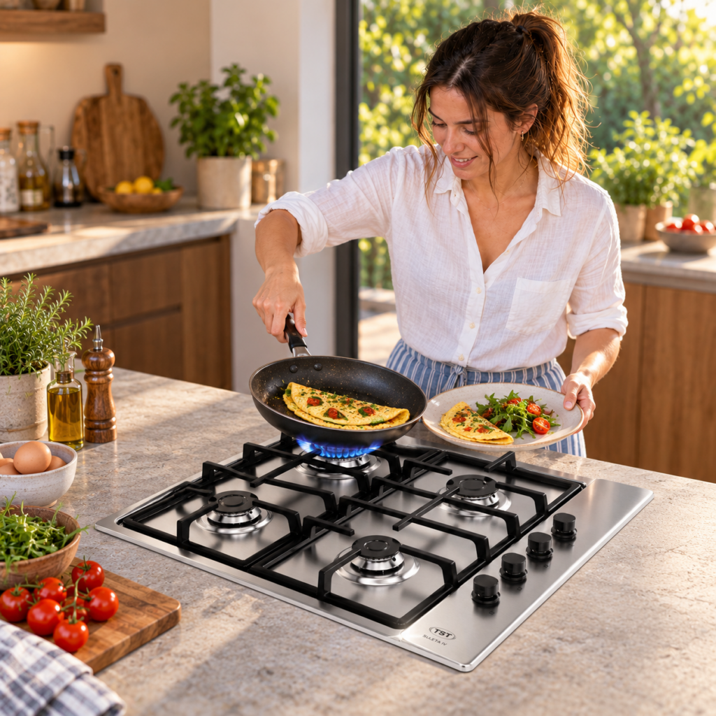 Mujer sirviendo un omelet junto al anafe inoxidable SULETA de cuatro hornallas.