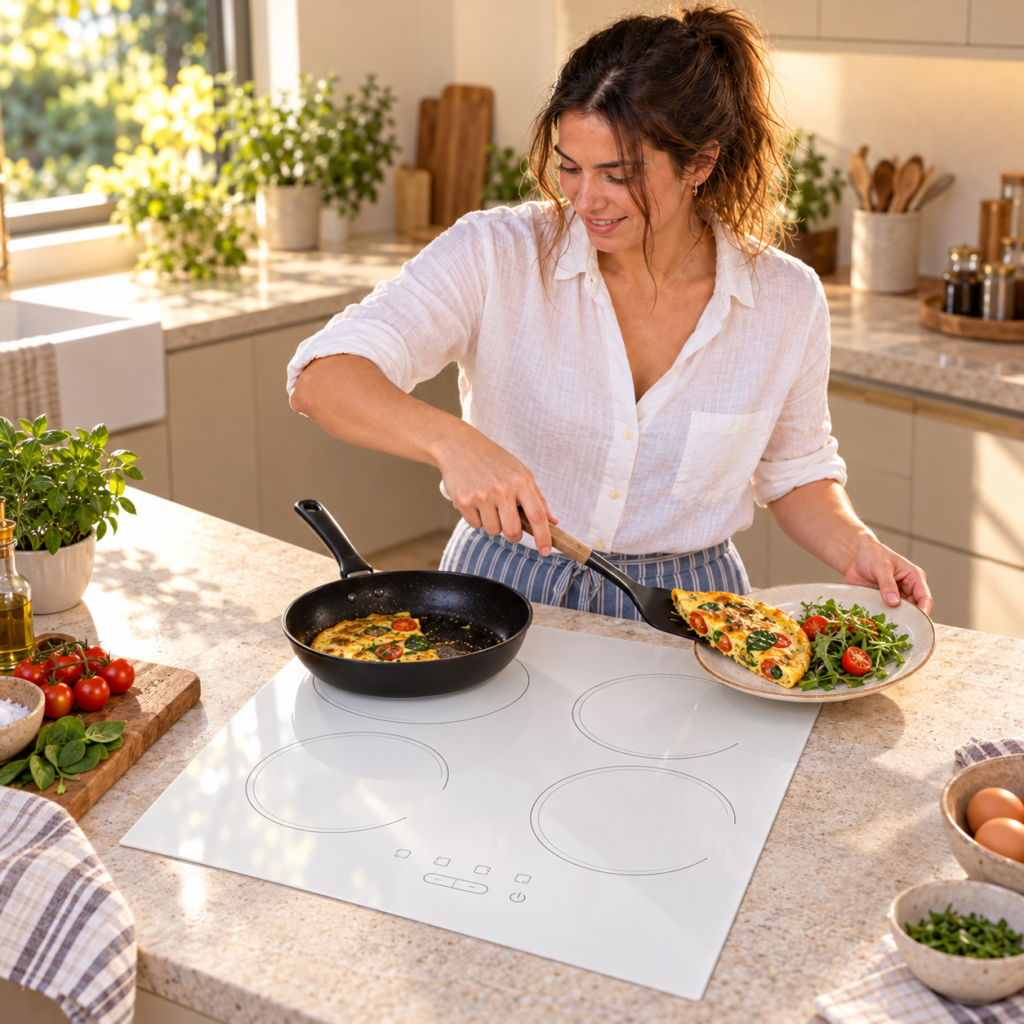 Mujer sirviendo un omelet junto al anafe vitrocerámico blanco de cuatro hornallas.