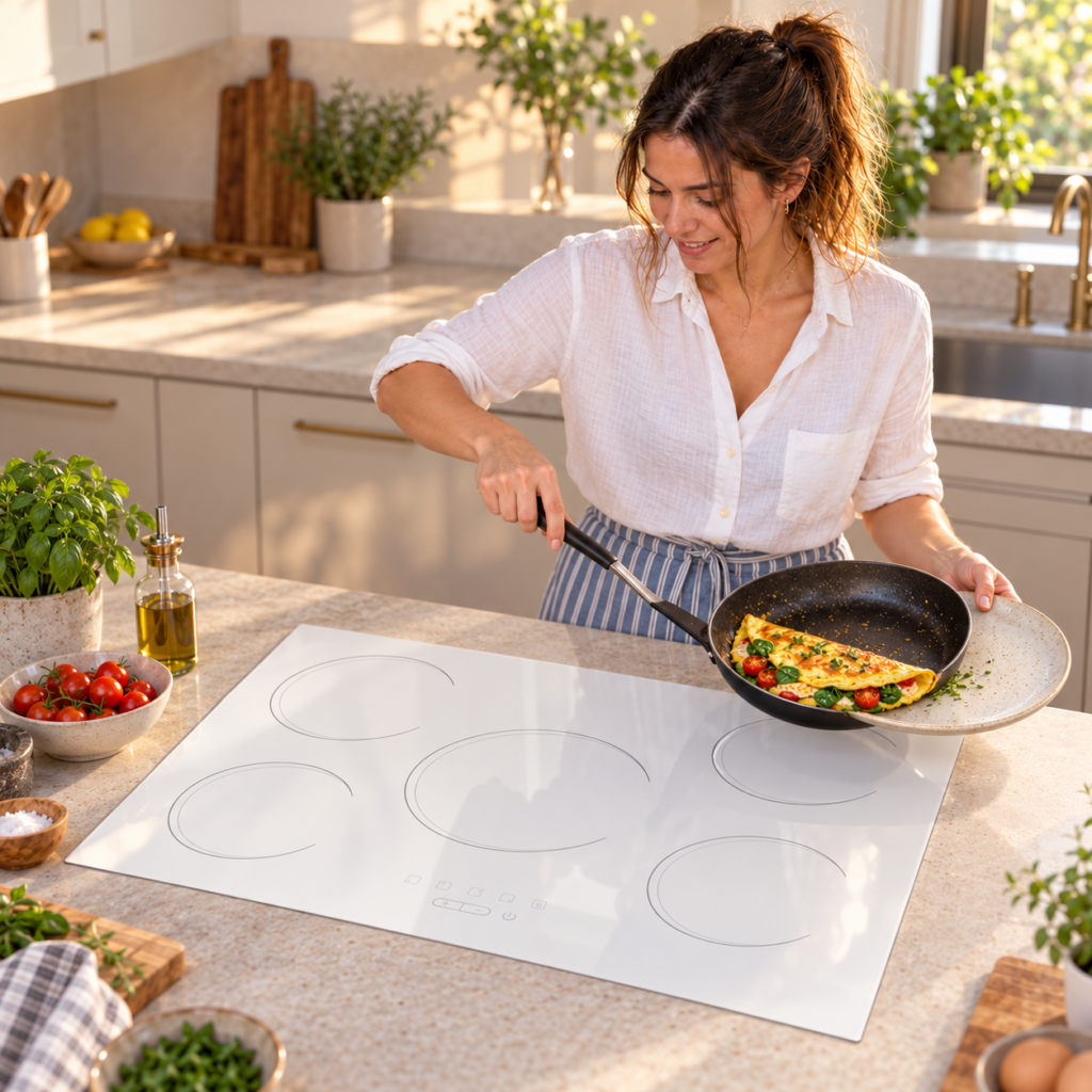 Mujer sirviendo un omelet junto al anafe vitrocerámico blanco de cinco hornallas.