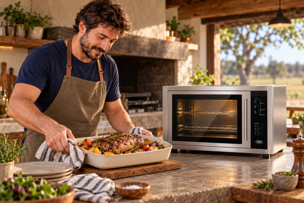 Hombre presentando una comida junto al horno eléctrico de mesada TST ATTIVO.