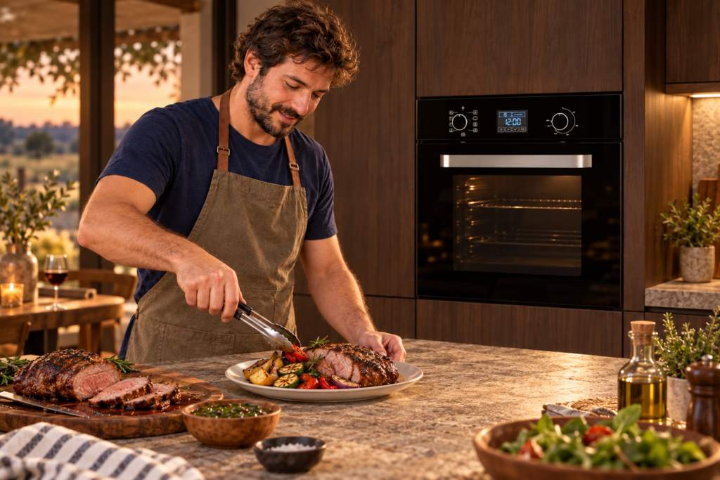 Hombre sirviendo una comida en una cocina con horno empotrable TST AVVOLTO.