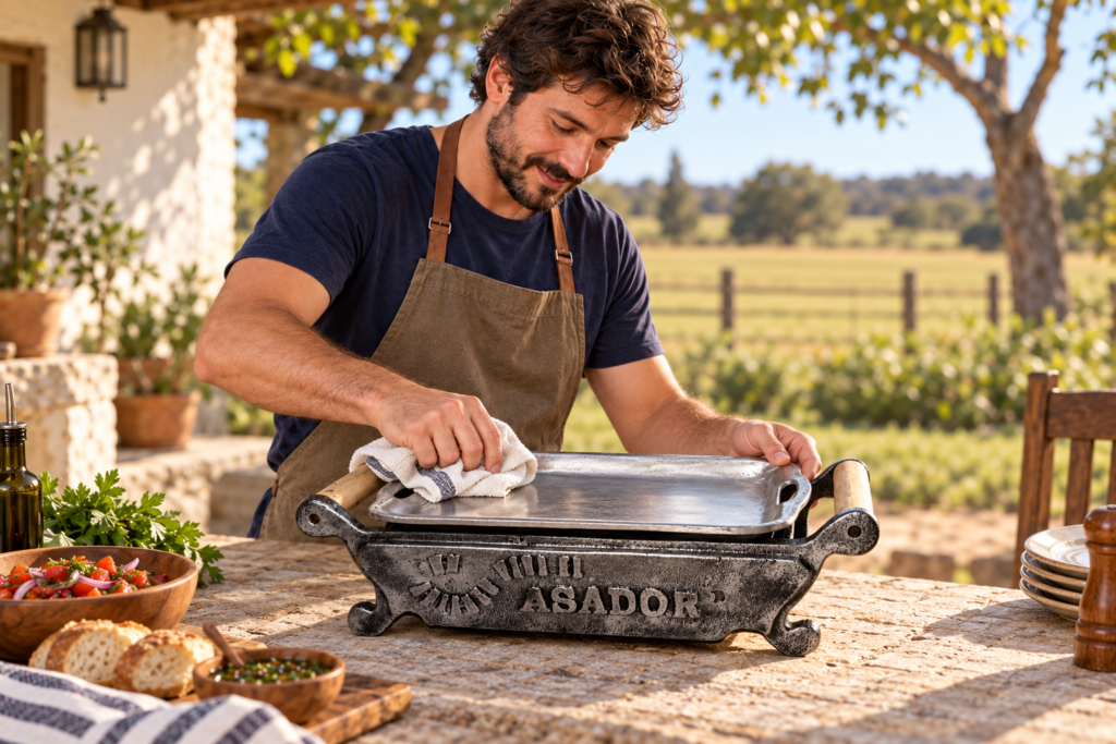 Hombre limpiando la bandeja del brasero de mesa una vez fría.